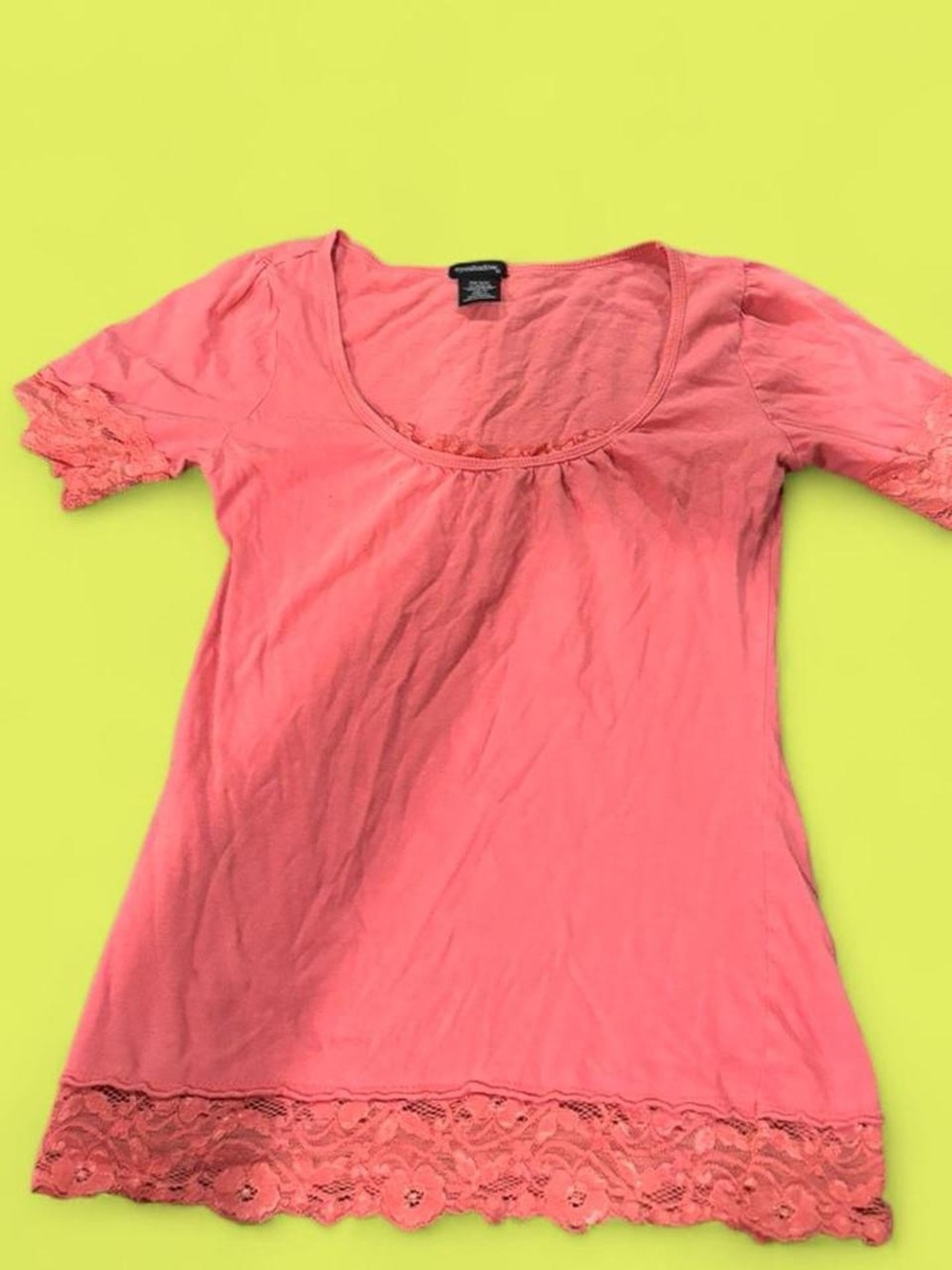 Eyeshadow Coral Lace-Trim Scoop Neck Short Sleeve Top